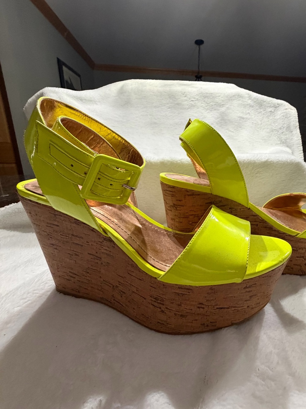 BCBGeneration Neon Lime Cork Wedges Size 8.5
